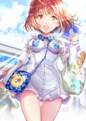 Rule 34 | 10s, 1girl, animal print, bag, bear print, blue dress, boko (girls und panzer), bread, brown eyes, brown hair, carrying, casual, cloud, cloudy sky, cowboy shot, day, dress, food, girls und panzer, handbag, jacket, lawson, long sleeves, looking at viewer, nishizumi miho, ogata tei, open mouth, outdoors, shopping bag, short dress, short hair, sky, smile, solo, standing, thigh gap, white jacket, wind