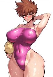 Rule 34 | 1girl, bad id, bad twitter id, ball, breasts, brown eyes, brown hair, cameltoe, cowboy shot, curvy, dodgeball, highleg, highleg swimsuit, holding, holding ball, honoo no toukyuuji: dodge danpei, ichigeki haruka, kisuu, large breasts, looking at viewer, mature female, one-piece swimsuit, pink one-piece swimsuit, shiny skin, short hair, simple background, solo, swimsuit, thick thighs, thighs, tomboy, volleyball (object), wet, white background, wide hips