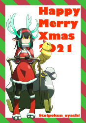 Rule 34 | 1girl, :3, animal ears, animal feet, antlers, arm warmers, artist name, black pantyhose, brown gloves, capelet, christmas, closed mouth, colored inner hair, creature, dated, deer ears, digitigrade, dress, ear piercing, english text, full body, fur-trimmed capelet, fur trim, gloves, green hair, hair between eyes, hairband, hand up, highres, hooves, horizontal pupils, horns, leg warmers, looking to the side, luma (toipokun oyashi), medium hair, monster girl, multicolored background, multicolored hair, original, pantyhose, piercing, pigeon-toed, red capelet, red dress, red hairband, red leg warmers, reindeer antlers, reindeer girl, sack, simple background, sleeveless, sleigh, solo, standing, toipokun oyashi, twitter username, white background, yellow eyes