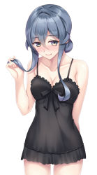 Rule 34 | 1girl, absurdres, black nightgown, blue eyes, blue hair, breasts, cleavage, collarbone, gotland (kancolle), hair between eyes, hair bun, highres, kantai collection, long hair, mole, mole under eye, nightgown, playing with own hair, ruin re birth, simple background, single hair bun, small breasts, smile, solo, white background