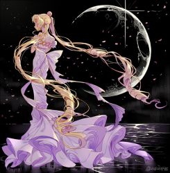 Rule 34 | 1girl, back bow, bare shoulders, bishoujo senshi sailor moon, black background, blonde hair, bow, crescent, crescent facial mark, double bun, dress, closed eyes, facial mark, forehead mark, full body, inzup, moon, petals, princess serenity, solo, standing, strapless, strapless dress, tsukino usagi, twintails, twitter username, white bow, white dress