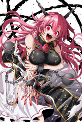 Rule 34 | 1girl, :d, absurdres, ball and chain restraint, bare arms, bare shoulders, black dress, breasts, chain, china dress, chinese clothes, commentary request, cuffs, dress, fangs, flower, hair between eyes, head tilt, highres, horns, ibaraki douji&#039;s arm, ibaraki kasen, large breasts, long hair, looking at viewer, nail polish, oni, oni horns, open mouth, pink flower, pink hair, pink rose, red eyes, red nails, rihito (usazukin), rose, shackles, skirt, sleeveless, sleeveless dress, smile, solo, spoilers, touhou, white background, white skirt