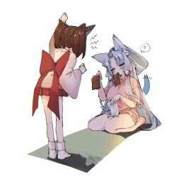 Rule 34 | 2girls, absurdres, aburaage, alternate costume, animal ears, arm up, back bow, blade, blush, bow, breasts, brown hair, chromatic aberration, clenched hands, closed eyes, commentary request, facing another, facing away, food, food in mouth, fox ears, fox girl, full body, grey hair, half updo, headgear, highres, holding, holding food, japanese clothes, kimono, large breasts, leaning forward, long hair, mouth hold, multiple girls, nape, nhk (voiceroid), okusuri nometane, parted bangs, pink shirt, pleated skirt, raised eyebrows, red skirt, screentones, shirt, short kimono, short sleeves, shout lines, sidelocks, sitting, skirt, standing, t-shirt, tabi, touhoku itako, touhoku kiritan, very long hair, voiceroid, wariza, white background, white kimono