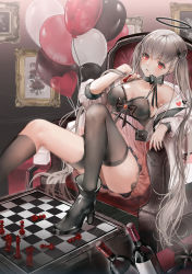 Rule 34 | 1girl, absurdres, armpits, ass, asymmetrical legwear, bag, balloon, bare shoulders, black socks, bottle, breasts, chess piece, chessboard, choker, cleavage, collarbone, commentary request, dress, grey hair, hair ribbon, halo, halter dress, halterneck, hand up, handbag, high heels, highres, jacket, kneehighs, large breasts, long hair, looking at viewer, mismatched legwear, off shoulder, open clothes, open jacket, original, parayang, picture frame, pink dress, red eyes, ribbon, shoes, sleeveless, sleeveless dress, socks, solo, thighhighs, thighs, twintails, very long hair, white jacket, wine bottle