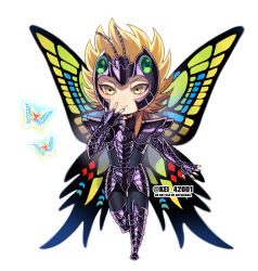 1boy antennae armor armored_boots arthropod_boy black_bodysuit blonde_hair blue_nails bodysuit boots bug butterfly butterfly_boy butterfly_wings chibi chibi_only eyelashes fingernails full_body gauntlets green_nails hand_to_own_mouth hand_up highres insect insect_wings kei_(nvew8238) looking_at_viewer male_focus multicolored_nails multicolored_wings nail_polish papillon_myu purple_armor red_nails saint_seiya short_hair simple_background smile solo specter_(saint_seiya) spread_fingers standing trap v-shaped_eyebrows white_background wings yellow_nails