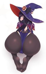 Rule 34 | 1girl, absurdres, ass, ass focus, back, black hair, blue eyes, blush, cameltoe, cape, cleft of venus, feet, fraankyy, from behind, genshin impact, gold, hat, highres, huge ass, long hair, looking at viewer, magical girl, mona (genshin impact), pantyhose, ribbon, simple background, solo, thick thighs, thighs, twintails, white background, wide hips, witch, witch hat