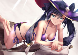 Rule 34 | 1girl, all fours, barefoot, bikini, black bow, black hair, bow, breasts, cleavage, closed mouth, collarbone, excaliblader, genshin impact, grey background, grey eyes, hair between eyes, hair bow, halterneck, hat, hat bow, highres, long hair, looking at viewer, medium breasts, mona (genshin impact), multi-strapped bikini, purple bikini, purple hat, side-tie bikini bottom, smile, solo, sun hat, swimsuit, twintails, twitter username, very long hair