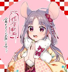 Rule 34 | 1girl, 2020, :d, ahoge, animal ears, blush, bow, checkered background, commentary request, earrings, floral print, flower, green nails, grey hair, hair flower, hair ornament, highres, japanese clothes, jewelry, kimono, long hair, long sleeves, mouse ears, mouse girl, nail polish, new year, open mouth, original, parted bangs, pink background, pink bow, print kimono, red flower, round teeth, smile, solo, tareme, teeth, translation request, upper body, vanilla (miotanntann), wide sleeves, yellow kimono, yukata