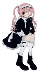 Rule 34 | 1girl, absurdres, apron, biting own finger, black dress, black eyes, black footwear, blood, blood on hands, boots, dress, empty eyes, eyepatch, frills, full body, highres, invisible chair, kneehighs, long hair, long sleeves, looking at viewer, maid, maid apron, maid headdress, mole, mole under eye, noroi (rnatataki), one eye covered, original, pink hair, short dress, simple background, sitting, sleeves past wrists, socks, solo, twintails, white background, white socks
