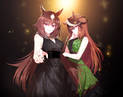 2girls, animal ears, bangs, bare arms, black dress, blurry, bokeh, breasts, brown hair, cleavage, closed mouth, depth of field, dress, green dress, hand on own cheek, hand on own face, horse ears, jewelry, long hair, looking at viewer, medium breasts, multicolored hair, multiple girls, multiple rings, parted lips, purple eyes, reaching out, red eyes, ring, romi (346 ura), sirius symboli (umamusume), sleeveless, sleeveless dress, smile, streaked hair, symboli rudolf (umamusume), two-tone hair, umamusume, upper body, v-shaped eyebrows