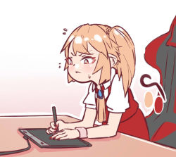 Rule 34 | &gt;:(, 1girl, ascot, blonde hair, cable, chair, commentary, detached wings, drawing tablet, english commentary, flandre scarlet, flying sweatdrops, gradient background, holding, holding stylus, no headwear, outline, pink background, puffy short sleeves, puffy sleeves, red eyes, red vest, short hair, short sleeves, side ponytail, sitting, solo, stylus, sweat, table, touhou, v-shaped eyebrows, vest, white background, white outline, wing collar, wings, wrist cuffs, yellow ascot, yoruny