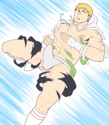 Rule 34 | 1boy, abs, bandages, bandaid, bandaid on face, bandaid on nose, bara, bare pectorals, blonde hair, bulge, character request, erection, erection under clothes, exploding clothes, fighting stance, foot out of frame, gluteal fold, hood, hoodie, jockstrap, kicking, large pectorals, male focus, male underwear, muscular, muscular male, navel, nipples, aged up, ooki ikutoshi, pectorals, porkjinta, short hair, socks, solo, stomach, thick thighs, thighs, tokyo houkago summoners, underwear, white male underwear