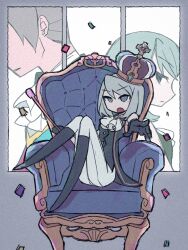 Rule 34 | 1boy, 1girl, ace attorney, ace attorney investigations, aged down, ascot, black footwear, black gloves, black vest, blue hair, commentary request, confetti, crown, franziska von karma, full body, gloves, goso (aaigoso), grey hair, highres, holding, holding whip, knees up, looking at viewer, miles edgeworth, mole, mole under eye, on chair, open mouth, pants, profile, short hair, sitting, throne, vest, white ascot, white pants