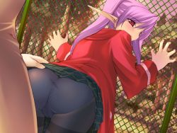 Rule 34 | 1boy, 1girl, 5pb., against fence, ass, bent over, blush, chain-link fence, clothes lift, come hither, elf, fence, game cg, imminent penetration, long hair, looking at viewer, looking back, onigirikun, panties, panties under pantyhose, pantyhose, pastel chime, pastel chime continue, pencil skirt, phil ehart, pink hair, pointy ears, purple hair, red eyes, school uniform, serafuku, skirt, skirt lift, smile, solo focus, striped clothes, striped panties, thighband pantyhose, tree, underwear, upskirt
