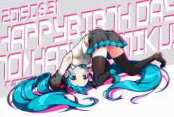 Rule 34 | 1girl, all fours, black footwear, black thighhighs, blue eyes, blue hair, boots, dated, detached sleeves, full body, happy birthday, hatsune miku, long hair, looking at viewer, necktie, ng (kimjae737), pleated skirt, skirt, solo, thigh boots, thighhighs, twintails, upside-down, v, very long hair, vocaloid, zettai ryouiki