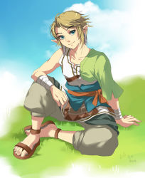 Rule 34 | 1boy, alternate costume, bandages, blonde hair, blue eyes, link, male focus, muse (rainforest), nintendo, pointy ears, sandals, solo, the legend of zelda, the legend of zelda: twilight princess