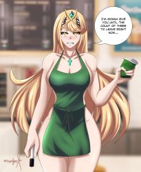 Rule 34 | 1girl, angry, apron, blonde hair, blush, breasts, cafe, coffee cup, commentary, cowboy shot, cup, disposable cup, english commentary, english text, headgear, highres, iced latte with breast milk (meme), large breasts, long hair, looking at viewer, marker, meme, menu board, mythra (xenoblade), naked apron, nude, signature, solo, sonicheroxd, speech bubble, starbucks, very long hair, wide hips, xenoblade chronicles (series), xenoblade chronicles 2, yellow eyes