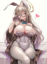 Rule 34 | 1girl, adjusting eyewear, akane (blue archive), akane (bunny) (blue archive), animal ears, areola slip, arm at side, bare shoulders, black-framed eyewear, blue archive, blue bow, blue bowtie, blurry, blush, bow, bowtie, breasts, brown eyes, cameltoe, cleavage, commentary, covered navel, cowboy shot, depth of field, detached collar, doyouwantto, fake animal ears, from below, glasses, gloves, grin, hair between eyes, hairband, halo, hand up, head tilt, heavy breathing, large breasts, leotard, light brown hair, long hair, looking at viewer, looking down, pantyhose, parted lips, playboy bunny, rabbit ears, shawl, simple background, smile, solo, standing, steaming body, strapless, strapless leotard, traditional bowtie, white background, white gloves, white hairband, white leotard, white pantyhose
