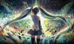 Rule 34 | 1girl, 39, aqua hair, arm up, backlighting, character name, colorful, commentary, dark, detached sleeves, from behind, hatsune miku, light, light particles, long hair, microphone, sishenfan, skirt, solo, thighhighs, twintails, very long hair, vocaloid