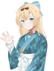 Rule 34 | 1girl, ahoge, alternate costume, alternate hair length, alternate hairstyle, black hairband, blonde hair, blue bow, blue eyes, blue kimono, blush, bow, closed mouth, commentary, frilled sleeves, frills, hair between eyes, hair bow, hairband, half updo, highres, hololive, japanese clothes, kazama iroha, kimono, long hair, looking at viewer, simple background, skirt, smile, solo, straight hair, upper body, virtual youtuber, waving, white background, white skirt, yoshioka (today is kyou)