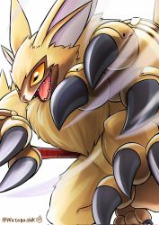 Rule 34 | animal ears, claws, crazy eyes, digimon, digimon (creature), furry, highres, lamortmon, no humans, open mouth, sharp teeth, simple background, solo, teeth, twitter username, watagashikn, white background, yellow eyes