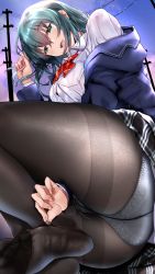 Rule 34 | 1girl, :d, aqua hair, ass, between legs, bow, bowtie, breasts, clothes lift, collared shirt, commentary request, crotch seam, dress shirt, feet, fine fabric emphasis, green eyes, gusset, hand between legs, highres, jacket, large breasts, long sleeves, no shoes, nonohachi, off shoulder, open mouth, original, panties, panties under pantyhose, pantyhose, pantyhose tug, power lines, school uniform, shirt, short hair, sidelocks, skirt, skirt lift, smile, solo, thighband pantyhose, thighs, underwear, utility pole