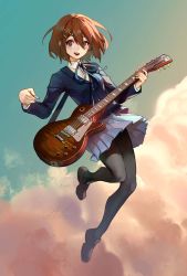 Rule 34 | 1girl, black footwear, black pantyhose, blue jacket, blue ribbon, blue skirt, brown eyes, brown hair, buttons, cloud, collared shirt, commentary, english commentary, full body, guitar, hair ornament, hairclip, highres, hirasawa yui, holding, holding instrument, holding plectrum, instrument, jacket, k-on!, looking to the side, neck ribbon, open mouth, pantyhose, plectrum, ribbon, school uniform, shirt, shoes, short hair, signature, skirt, sky, solo, uglykao, white shirt