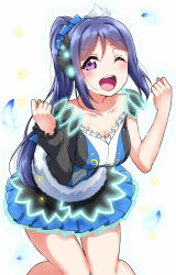 Rule 34 | 1girl, ;d, black feathers, blue feathers, blue hair, blue scrunchie, blush, breasts, cleavage, clenched hands, collarbone, commentary request, feather hair ornament, feathers, frilled sleeves, frills, fur trim, hair ornament, hands up, highres, leaning forward, looking at viewer, love live!, love live! sunshine!!, matsuura kanan, medium breasts, neon trim, one eye closed, open mouth, pleated skirt, purple eyes, round teeth, scrunchie, single sleeve, skirt, smile, solo, teeth, upper teeth only, water blue new world, yopparai oni