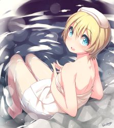 Rule 34 | 1girl, artist name, barefoot, blonde hair, blue eyes, blueberry (5959), breasts, from behind, highres, looking back, naked towel, onsen, open mouth, original, short hair, sitting, solo, towel, towel on head, water, wet