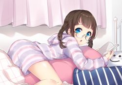Rule 34 | 1girl, :o, blue eyes, bon (bonbon315), book, braid, brown hair, commentary request, curtains, glasses, holding, holding book, hood, hoodie, indoors, lying, on pillow, on stomach, open mouth, original, pillow, short hair, shorts, solo, striped clothes, striped hoodie, striped shorts, twin braids