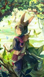 Rule 34 | 1boy, 1girl, animal ear fluff, animal ears, ankle boots, black pants, blue butterfly, blunt ends, book, boots, brown footwear, bug, butterfly, collei (genshin impact), commentary, dress, feet out of frame, fox boy, fox ears, fox tail, genshin impact, grass, green butterfly, green dress, green hair, green tail, green theme, green thighhighs, highres, holding, holding book, insect, leaf, looking back, male focus, open book, outdoors, pants, plant, pouch, purple scarf, scarf, short hair, solo focus, symbol-only commentary, tail, thighhighs, tighnari (genshin impact), tree, uli (bredkgod), vines, wavy hair, yellow butterfly, yellow scarf