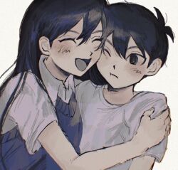 Rule 34 | 1boy, 1girl, :t, antenna hair, arm at side, black eyes, black hair, blue sweater vest, blush, brother and sister, closed eyes, closed mouth, collared shirt, hair behind ear, hair between eyes, hand on another&#039;s shoulder, long hair, looking at another, mari (faraway) (omori), mari (omori), no pupils, omori, one eye closed, open mouth, sema (vivaviva 02), shirt, short hair, short sleeves, siblings, smile, sunny (omori), sweater vest, upper body, v-shaped eyebrows, white background, white shirt