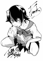 Rule 34 | 1girl, black hair, black nails, blush, bow, bowtie, collarbone, collared dress, commentary request, cone horns, dress, from above, frown, full body, hair between eyes, horns, kijin seija, looking at viewer, middle finger, monochrome, multicolored hair, profanity, sandals, short sleeves, signature, solo, squatting, streaked hair, tongue, tongue out, toriburi, touhou