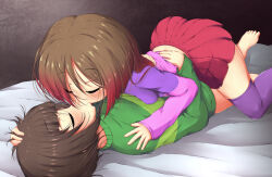 Rule 34 | bad tag, bed, bete noire, brown hair, chara (undertale), closed eyes, glitchtale, green shirt, kiss, pink hair, pink shirt, purple shirt, shirt, skirt, touching head