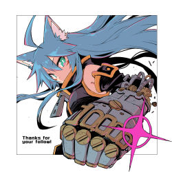 Rule 34 | 1girl, ahoge, animal ear fluff, animal ears, black shirt, blue hair, bright pupils, cat ears, clenched hand, commentary request, coup (shun soku), detached sleeves, facial mark, framed, gauntlets, gears, glint, green eyes, high collar, highres, looking at viewer, milestone celebration, original, outside border, shirt, shun soku, thank you, upper body, white background, zipper, zipper pull tab