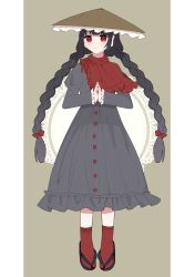 Rule 34 | 1girl, absurdres, black footwear, border, bow, brown background, brown hat, closed mouth, dress, grey dress, grey hair, grey sleeves, hair bow, hands up, hat, highres, linda 18, long hair, long sleeves, looking at viewer, own hands together, red bow, red button, red eyes, red scarf, red socks, scarf, smile, socks, solo, standing, touhou, white border, yatadera narumi