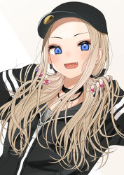 Rule 34 | 1girl, :d, a sore pon desu!, absurdres, baseball cap, black choker, black hat, black jacket, blush, brown background, chibita natsume, choker, collarbone, earrings, fang, forehead, grey shirt, hands up, hat, highres, jacket, jewelry, kentaurosu, light brown hair, long hair, long sleeves, looking at viewer, low twintails, nail art, open mouth, parted bangs, shirt, sleeves past wrists, smile, solo, textless version, twintails, two-tone background, upper body, white background