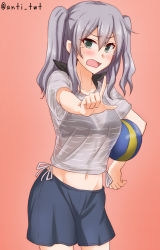 Rule 34 | 1girl, alternate costume, anti (untea9), ball, bikini, bikini top only, black bikini, black bra, blouse, blue skirt, bra, bra visible through clothes, casual, commentary request, cowboy shot, female focus, gradient background, green eyes, grey hair, highres, holding, holding ball, index finger raised, kantai collection, kashima (kancolle), looking at viewer, navel, red background, see-through, shirt, sidelocks, skirt, solo, standing, swimsuit, tears, tsurime, twintails, twitter username, underwear, volleyball (object), wavy hair