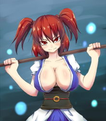 Rule 34 | 1girl, blush, breasts, cleavage, dream demon, female focus, hair bobbles, hair ornament, huge breasts, no bra, obi, onozuka komachi, over shoulder, red eyes, red hair, sash, short twintails, narrow waist, solo, touhou, twintails, two side up, weapon, weapon over shoulder