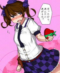 Rule 34 | 1girl, belt, blush, bow, box, brown hair, checkered clothes, checkered skirt, collared shirt, cowboy shot, dutch angle, embarrassed, fang, fanny pack, hair bow, hat, heart-shaped box, himekaidou hatate, himeshita johnny mafuyu, long hair, mid win h, necktie, open mouth, pink background, pointy ears, polka dot, polka dot background, purple eyes, shirt, skirt, solo, sweatdrop, tareme, tokin hat, touhou, translated, tsundere, twintails, valentine