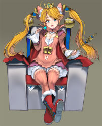 Rule 34 | 1girl, :p, blonde hair, blue eyes, boots, candy, cape, clothing cutout, crossed ankles, crown, food, full body, fur trim, highres, holding, holding scepter, kouno (masao), lollipop, long hair, long sleeves, looking at viewer, mini crown, navel cutout, orange thighhighs, original, puffy long sleeves, puffy sleeves, scepter, sitting, solo, swept bangs, thighhighs, tongue, tongue out, twintails
