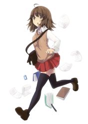 Rule 34 | 1girl, black thighhighs, book, brown eyes, brown hair, open mouth, short hair, simple background, skirt, solo, thighhighs, white background, zhuyan