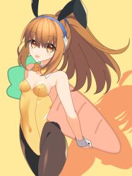Rule 34 | 1girl, animal ears, azure striker gunvolt, bare shoulders, black pantyhose, bow, bowtie, breasts, brown hair, carrot, commentary request, detached collar, gunvolt chronicles luminous avenger ix, high ponytail, highres, kohaku (gunvolt), kohaku (luminous avenger ix), leotard, lololotton, long hair, pantyhose, playboy bunny, rabbit ears, rabbit tail, small breasts, solo, standing, strapless, strapless leotard, tail, tongue, yellow leotard