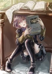 Rule 34 | 1girl, bernadetta von varley, bike shorts, blush, book, boots, commentary request, epaulettes, eyebrows hidden by hair, fire emblem, fire emblem: three houses, garreg mach monastery uniform, grey eyes, hiding, highres, holding, holding book, inkwell, long sleeves, messy hair, nintendo, on floor, open mouth, purple hair, quill, sakadume 107, short hair, shorts, shorts under skirt, sitting, solo, tearing up, thigh boots, thighhighs, under table, uniform