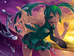 Rule 34 | 1girl, bare shoulders, bent over, foreshortening, green eyes, green hair, hatsune miku, headphones, leaning forward, long hair, matching hair/eyes, microphone, nail polish, necktie, one eye closed, orange nails, outstretched arm, outstretched hand, sky, smile, solo, sunset, torigoe takumi, twilight, twintails, vocaloid, water