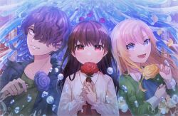 Rule 34 | 1boy, 2girls, air bubble, blonde hair, blue eyes, brown hair, bubble, collared shirt, flower, garry (ib), grin, hair over one eye, highres, holding, holding flower, ib (ib), ib (kouri), long hair, long sleeves, looking at viewer, mary (ib), multiple girls, nashinome (y5wlht), open mouth, petals, purple eyes, red eyes, rose, shirt, short hair, smile, yellow eyes