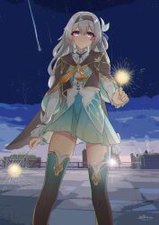 Rule 34 | black hairband, black jacket, black thighhighs, blue eyes, blue pupils, blue ribbon, blue skirt, blush, bow, closed mouth, collared shirt, cropped jacket, dated, feet out of frame, firefly (honkai: star rail), fireworks, gradient legwear, green thighhighs, grey hair, hair between eyes, hair bow, hair intakes, hair ribbon, hairband, highres, holding fireworks, honkai: star rail, honkai (series), jacket, long hair, looking at viewer, neckerchief, night, night sky, orange neckerchief, outdoors, pink eyes, pleated skirt, ribbon, shirt, shooting star, sidelocks, signature, skirt, sky, smile, sparkler, thighhighs, two-tone eyes, white bow, white shirt, zuihao landiao