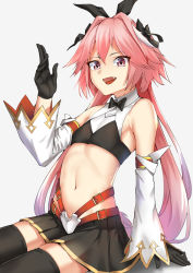 Rule 34 | 1boy, astolfo (fate), astolfo (saber) (fate), bare shoulders, black bow, black gloves, black legwear, black ribbon, black skirt, bow, commentary request, detached sleeves, fang, fate/grand order, fate (series), gloves, hair between eyes, hair bow, hair intakes, hair ribbon, hank10111213, long hair, looking at viewer, male focus, multicolored hair, navel, pink eyes, pink hair, purple eyes, ribbon, simple background, sitting, skirt, streaked hair, thighhighs, twintails, white background, white sleeves