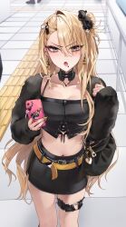 Rule 34 | 1girl, bag, belt, black bag, black belt, black skirt, black sleeves, blonde hair, blurry, blurry background, braid, breasts, cellphone, collarbone, commentary request, crop top, cross-laced clothes, detached sleeves, ear piercing, earrings, feet out of frame, grey eyes, gyaru, hair between eyes, hair bun, hair ornament, hair scrunchie, hairclip, heart, heart hair ornament, heart necklace, heart o-ring, highres, holding, holding phone, jewelry, labret piercing, light blush, long bangs, long hair, long sleeves, looking at viewer, medium breasts, midriff, multiple belts, nail art, nail polish, navel, necklace, o-ring, o-ring thigh strap, open mouth, original, outdoors, phone, piercing, puffy long sleeves, puffy sleeves, sabotensuteeki, scrunchie, shoulder bag, side braid, single hair intake, single side bun, skirt, sleeves past wrists, smartphone, solo focus, spaghetti strap, standing, tactile paving, thigh strap, tile floor, tiles, v-shaped eyebrows, very long fingernails, very long hair, yellow belt