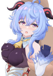 Rule 34 | 1boy, 1girl, 2 (ninininni), ahoge, bare shoulders, bell, blue gloves, blue hair, blush, grabbing another&#039;s breast, breasts, detached sleeves, ganyu (genshin impact), genshin impact, gloves, grabbing, grabbing from behind, hand under clothes, highres, horns, long hair, looking at another, medium breasts, multicolored eyes, neck bell, open mouth, sidelocks, upper body, white background, white sleeves
